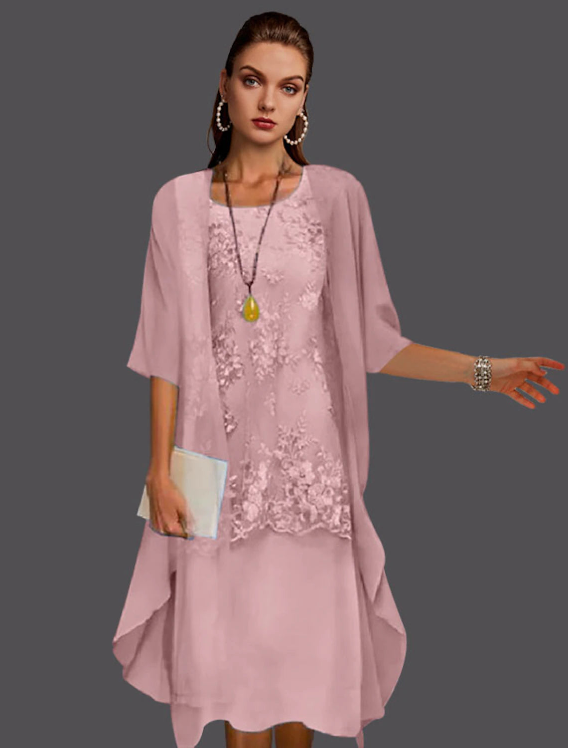 Wholesale  Two Piece Sheath / Column Mother of the Bride Dress Fall Fall Wedding Guest Dresses Elegant Jewel Neck Tea Length Chiffon Lace Sleeveless Jacket Dresses with Appliques